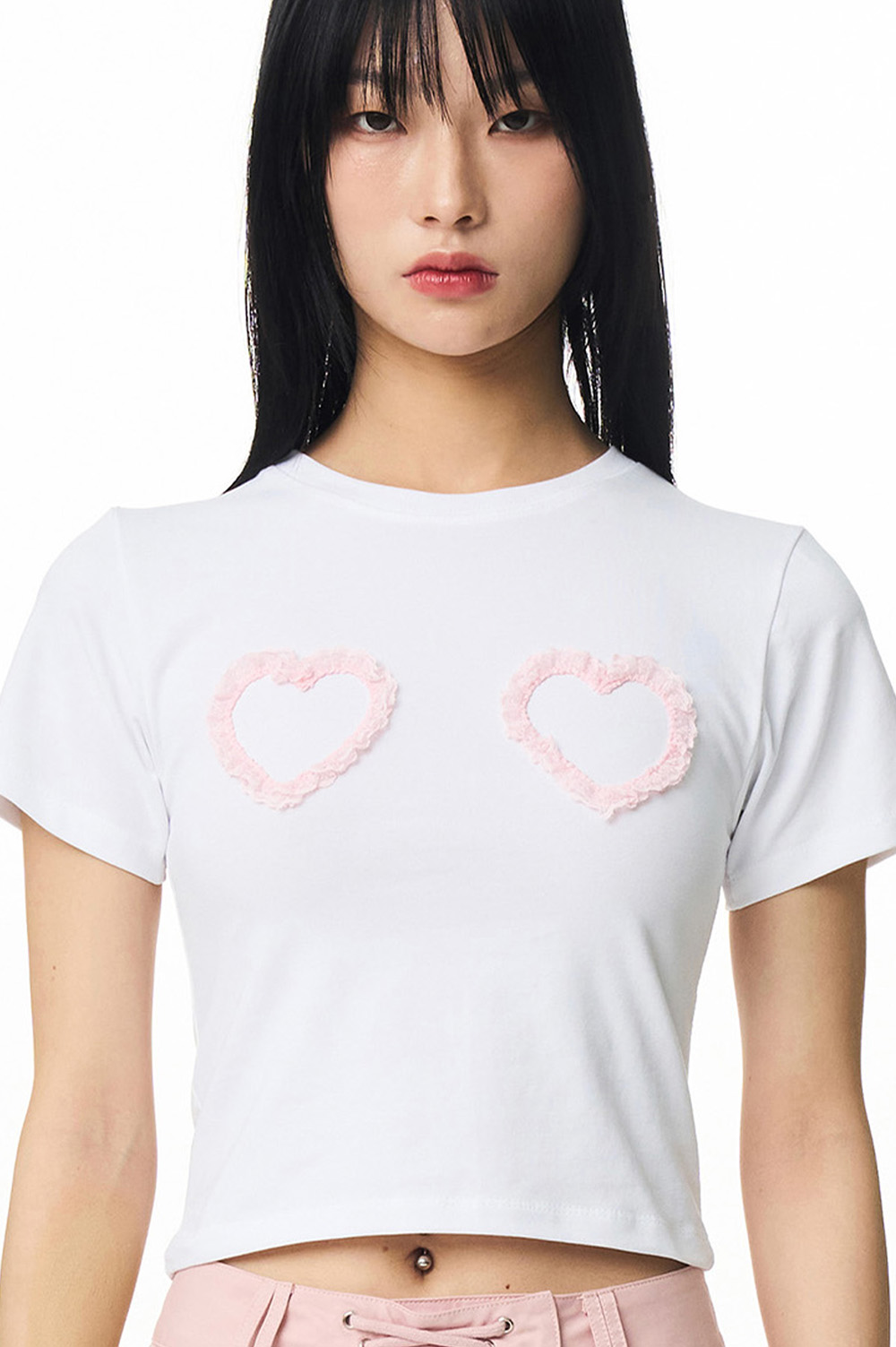 하트 레이스 핏티드 크롭 티셔츠 핑크