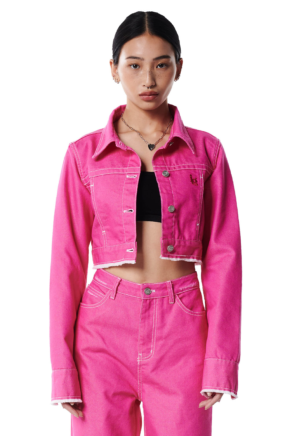 프린지 트러커 자켓 핑크