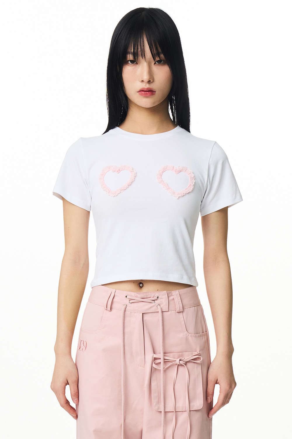 하트 레이스 핏티드 크롭 티셔츠 핑크